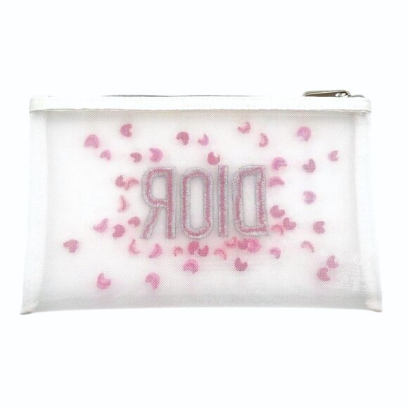 DIOR Mesh Embroidered Floral Pouch Makeup Bag - White, Silver & Pink NEW - Picture 4 of 4